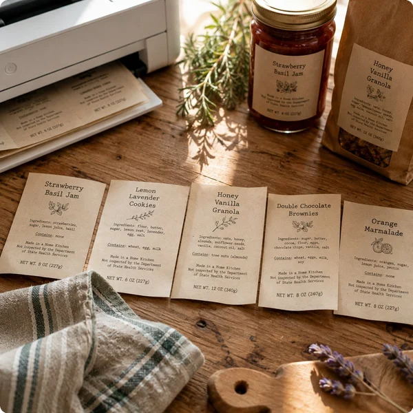 Freshly printed cottage food labels drying on a counter